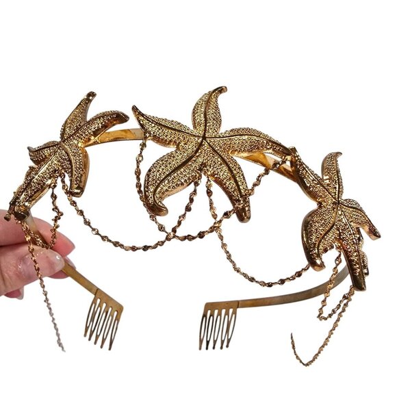 Mermaid Crown Starfish Headband Hair Accessory Splash Ocean Seashore Gold Tone - Picture 4 of 10
